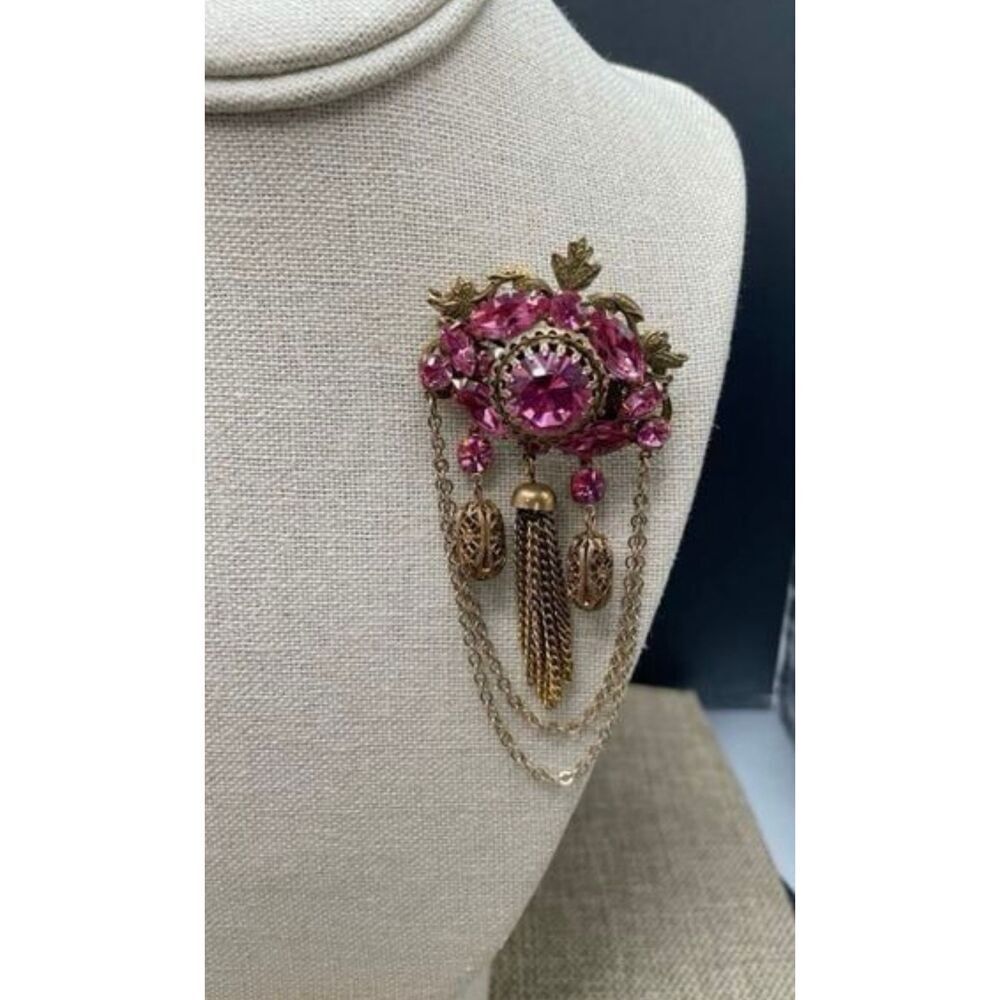Vintage Pink Rhinestone Filigree Tassel Brooch Victorian Revival Style